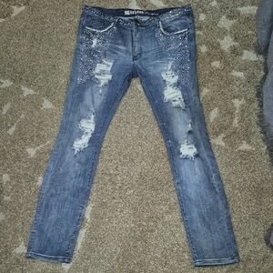 Machine Men's Blue Distressed Skinny Jeans with Rhinestone Accents